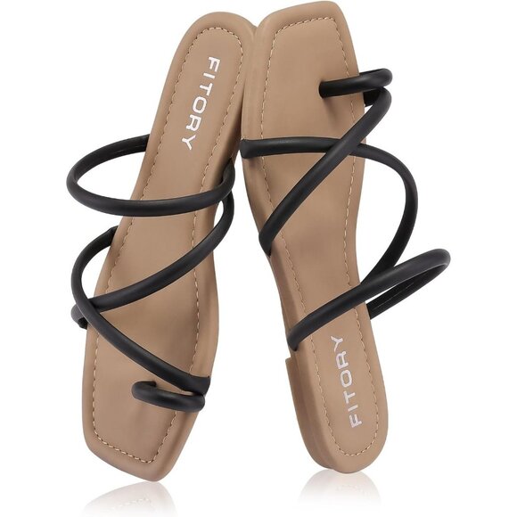 Women's Black Soft Flat Toe Ring Style Thongs Cross Strap Slide Sandal Shoes - Picture 4 of 6